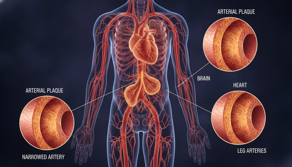 How PAD Can Increase Your Risk of Heart Attack and Stroke Cross-section illustration of arterial plaque buildup in blood vessels, showing atherosclerosis progression